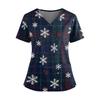 Women's Christmas Print V-Neck Short Sleeve Top with Pockets and Side Slit Work Uniform