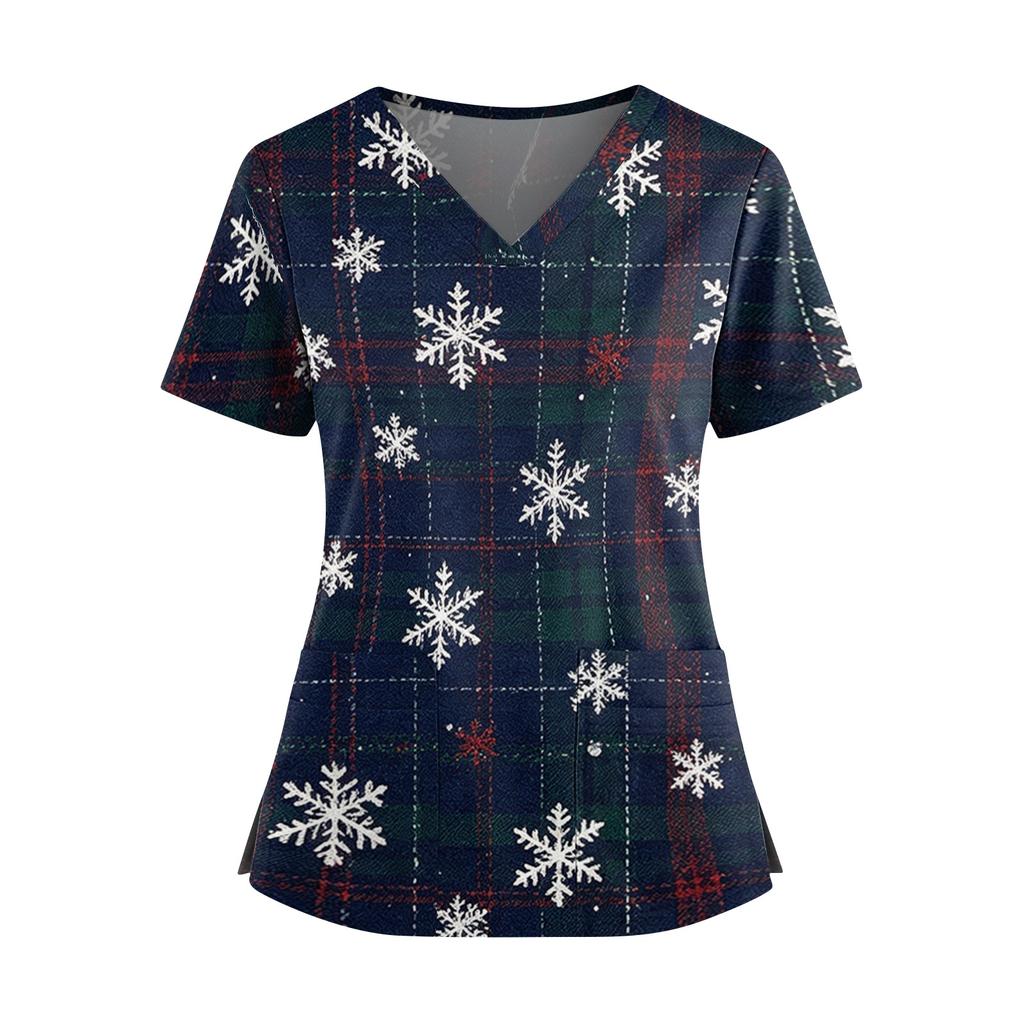 Women's Christmas Print V-Neck Short Sleeve Top with Pockets and Side Slit Work Uniform