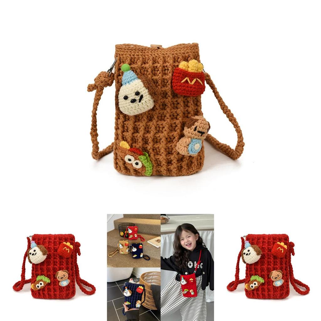 Cartoon Kids Shoulder Bag With Handcrafted Knit Cute Doll Design For Toddler Daily Use