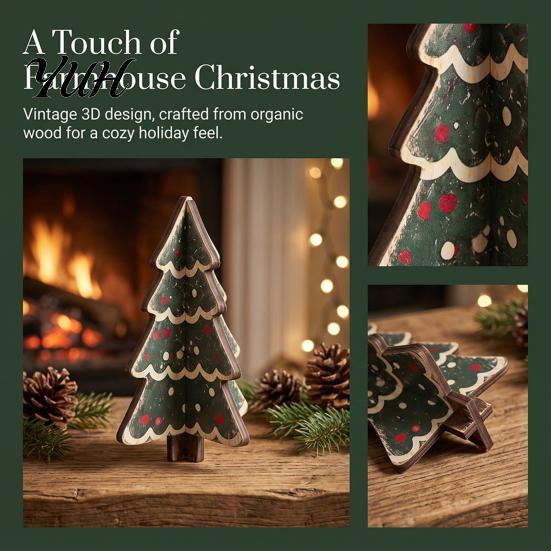 Charming Christmas Party Table Decor Wooden Tree Tabletop Decoration, Rustic 3D Interlocking Ornaments, Vintage Durable Festive Shop Window