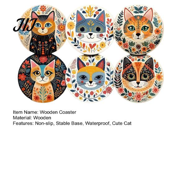 Heat Insulation Mats for Coffee Cups 6 Pcs Cute Cat Coasters, Thick Heat-Resistant Wood Coaster Tabletop Protection, Wooden Drink Coasters Table