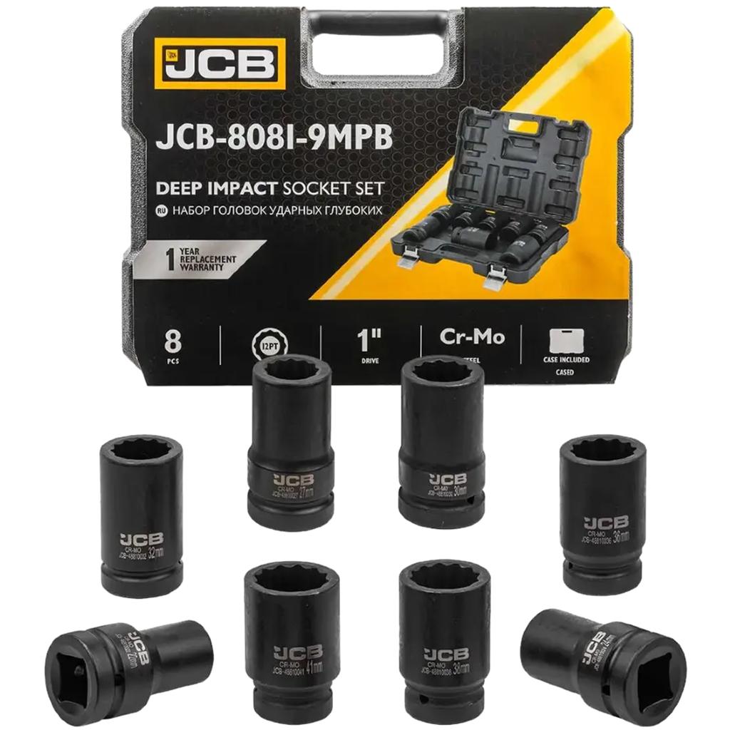 JCB 1" Cr-Mo 12-point Deep Impact Socket Set 8 Pieces