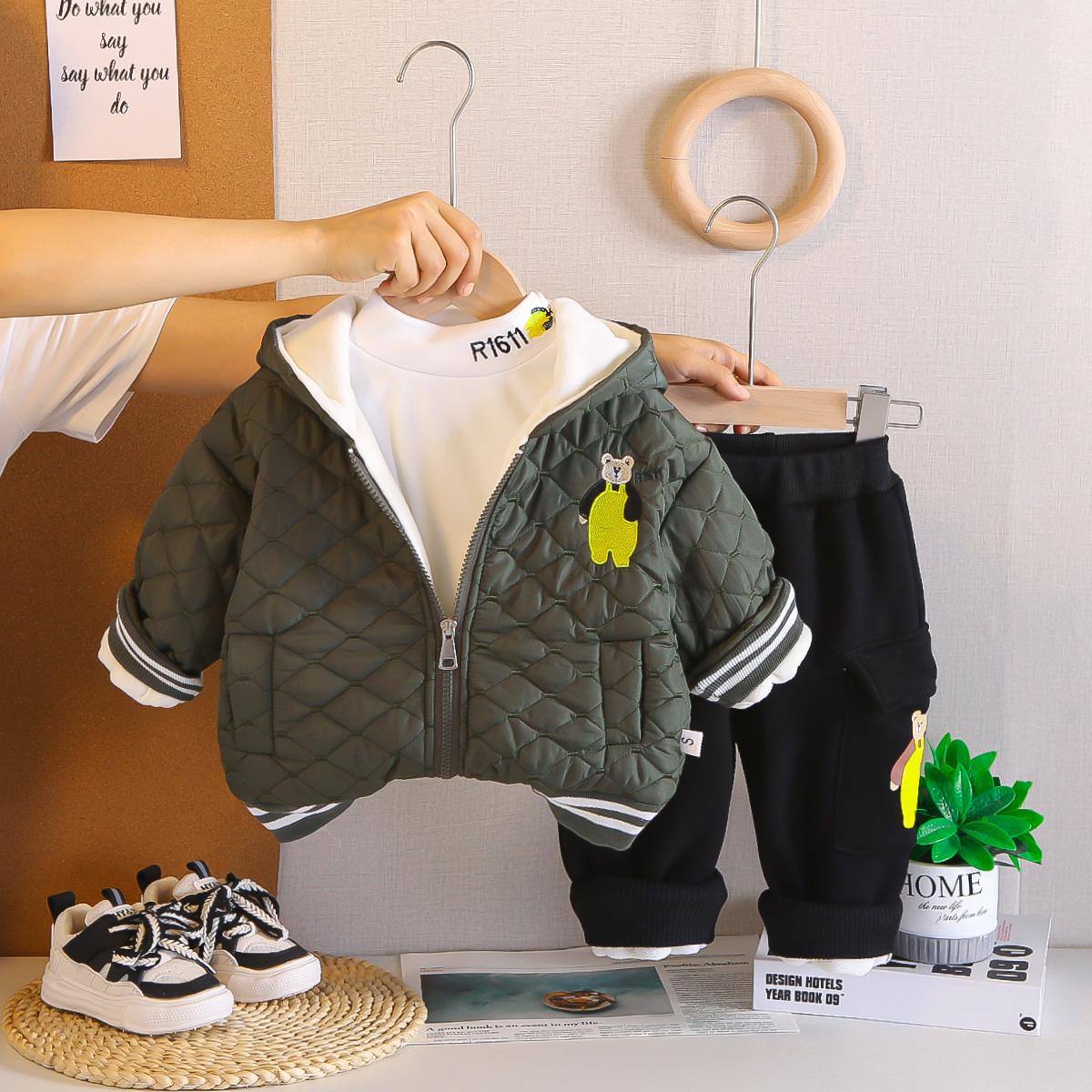 

Комплект из 3 предметов с длинным рукавом для мальчиков 0-5 лет, Детский зимний велюровый теплый хлопковый костюм, Куртка с принтом плюшевого мишки L зелёный