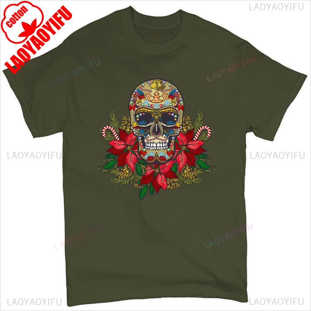 Christmas Calavera Tshirt Sugar Skull Holiday Spirit Mistletoe Mens Tee Retro Breathable Top Skeleton and Flower Pattern Shirt