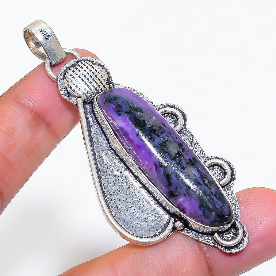 Natural Russian Charoite Gemstone 925 Sterling Silver Jewelry Pendant 2.64" ZS-825