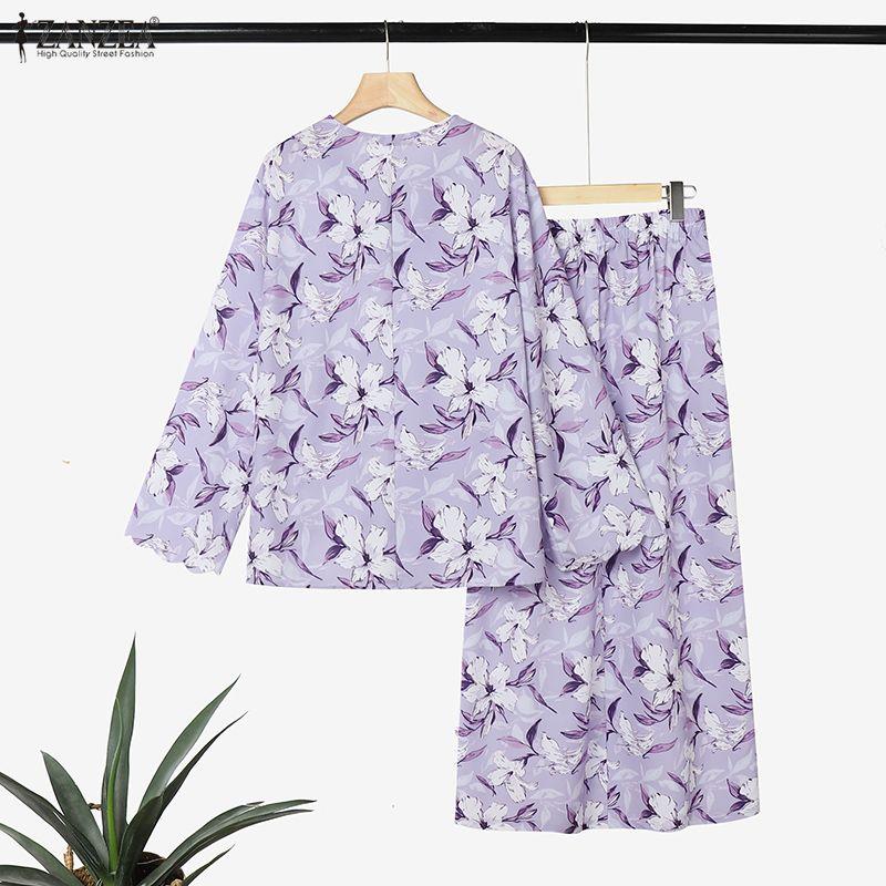 ZANZEA Women Long Sleeve Blouse and Long Skirts Floral Print Two Piece Suit Sets