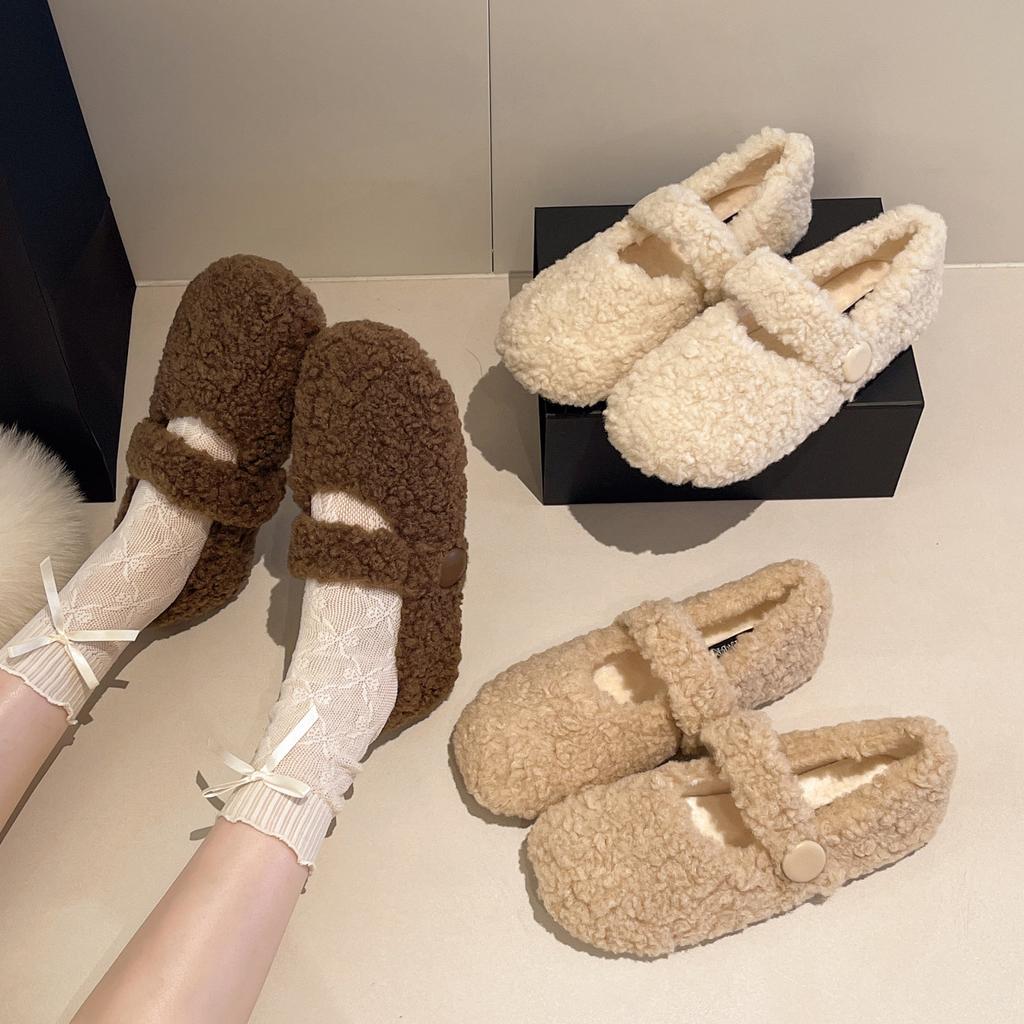 Gentle Fairy Wind Round Head Word with Lamb Wool Shoes Female Autumn and Winter Wear Flat-bottomed Pregnant Women Warm Bean Cotton Shoes