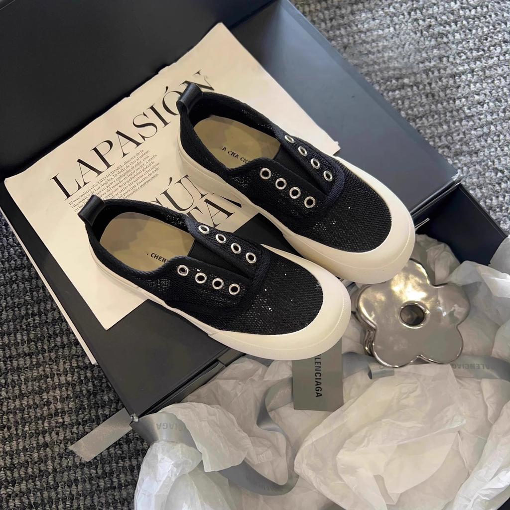 Lazy one-pedal single shoes women's 2025 summer new little white shoes spring breathable mesh sequins platform casual board shoes