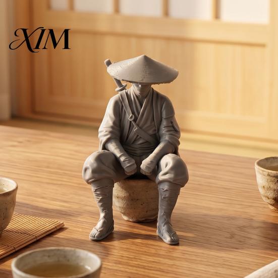 Atmospheric Retro Room Decor 3D Printed Ancient Chinese Hermit Warrior Figurine, Swordsman Statue with Bamboo Hat, Desktop Archeology Rack Mini