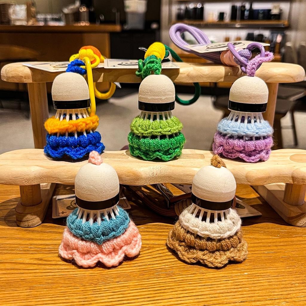 Cute Crochet Badminton Keychain, Handmade Shuttlecock Bag Charm with Braided Rope Clip