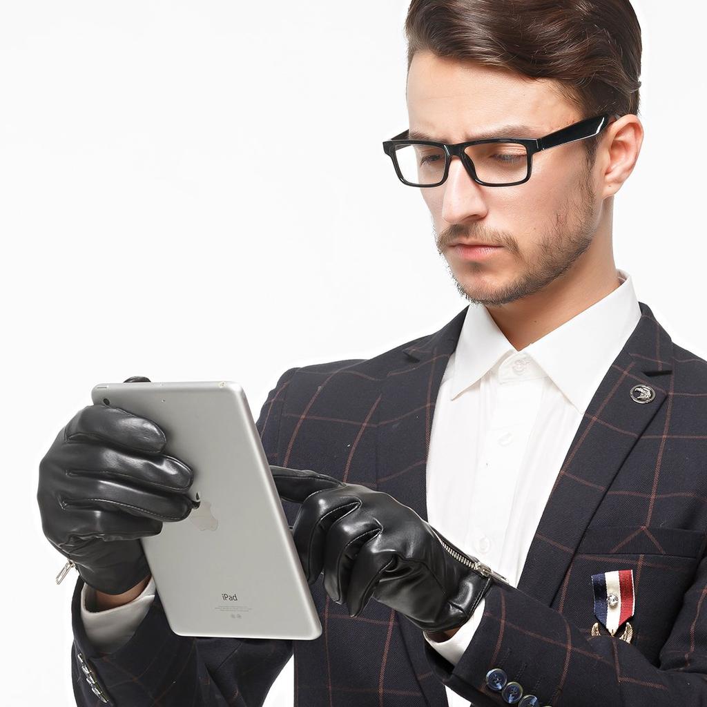 Nappaglo Leather Sheepskin Gloves with Smartphone Handmade Driving Gloves with Long Fleece Lining Smartphone Men's Zipper, Compatible, (Size M, Black,