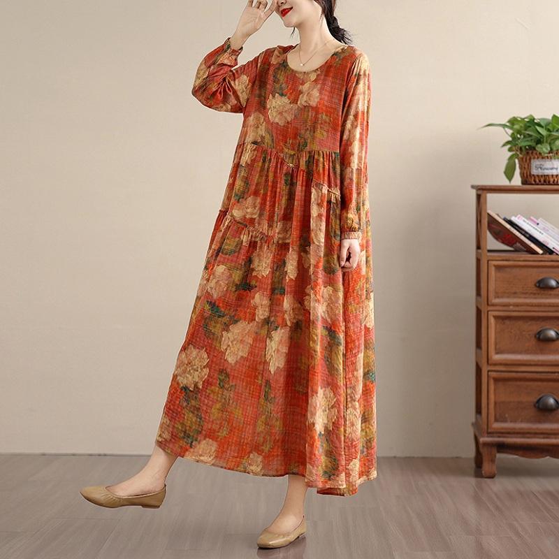 Long Sleeve Plus Size Cotton Vintage Floral New In Dresses for Women Casual Loose Spring Summer Autumn Dress