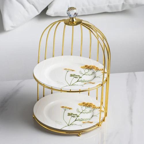 Schmiedeeisen Keramik Tortenständer Obstschale Doppelschicht Kuchenform Snack Dessertteller Displayständer Desktop Dekorativer Rahmen