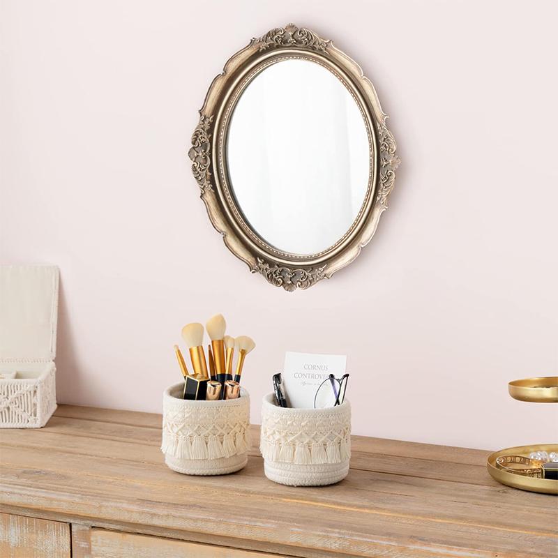 LMETJMA Macrame Makeup Organizer Boho Wicker Pencil Holder Makeup Brush Holder Organizer Comb Brushes Mini Storage Basket