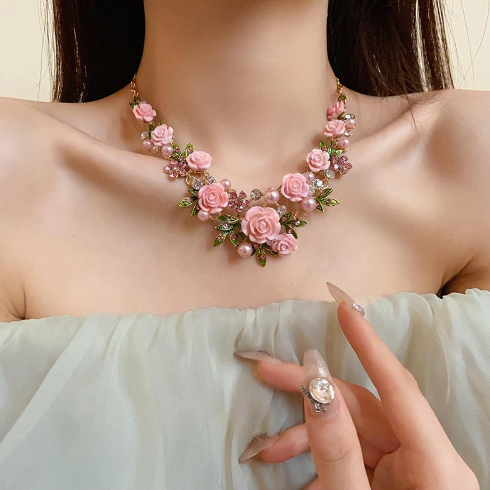 Pearl Flower Bracelet Rhinestone Stud Earrings Luxurious Rose Flower Necklace Party