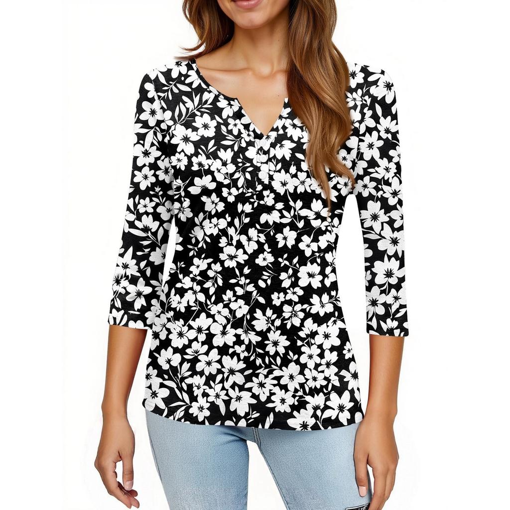 Women's T Shirt Print Button 3/4 Sleeve Daily Weekend Fashion Basic V- Neck Regular Top