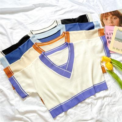 Summer New Women's Fake Two Contrasting Color Design Sense of Loose V-neck Short Knit Shirt Short-sleeved T-shirt Top