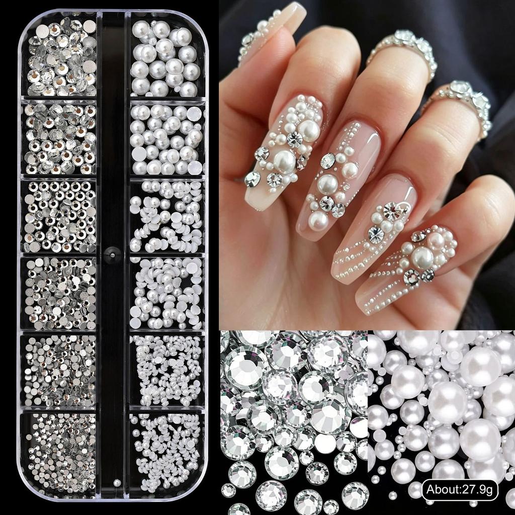 12-box Boxed Resin Flat Bottom Round Diamond Nail Art Jewelry Color Mixed Flat Bottom Rhinestone Cross-border Nail Art Diamond Jewelry
