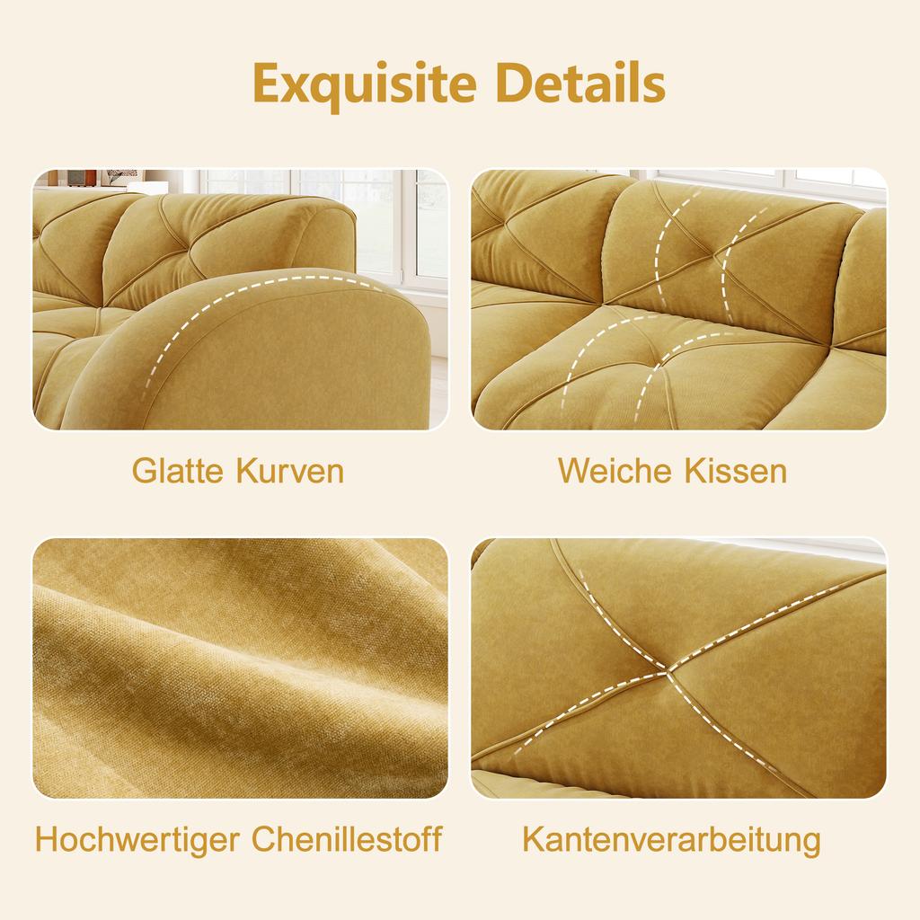 Modular Modern 2-Seater Sofa with Stool, High-Density 32D Foam, Suitable for Living Room, Pet-Friendly Chenille Fabric, Non-Slip Design, Yellow