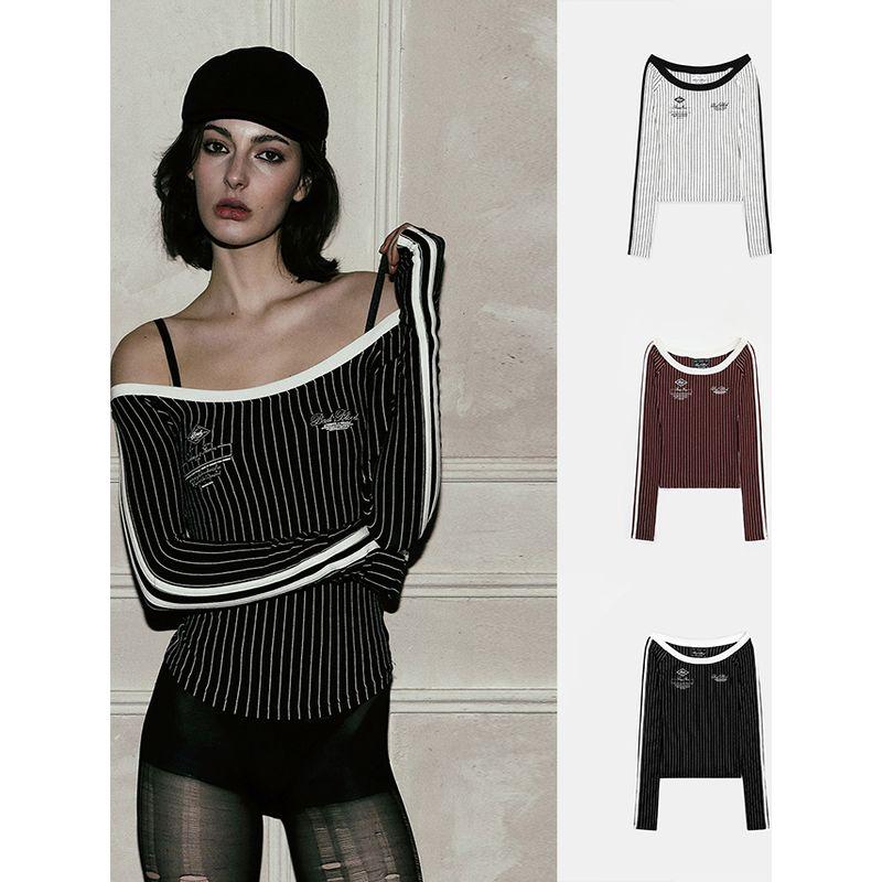 South korea Badblood American vintage Stripe T-shirt Women Pure Desire Slim fit Long sleeve Niche off-Shoulder Slimming Top