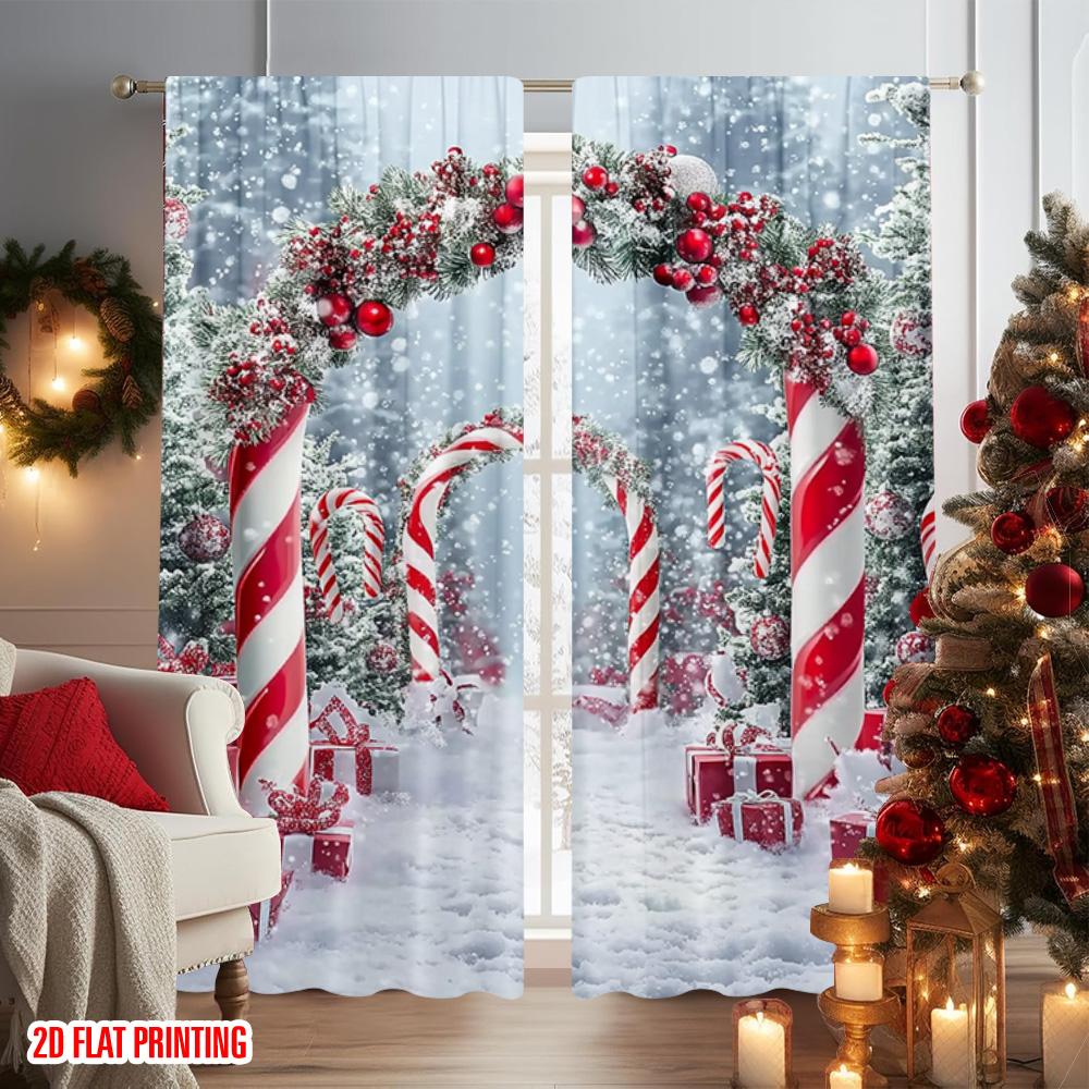 2 Stück 2D Flachdruck Frohe Weihnachten Vorhänge Zuckerstangen Weihnachtssüßigkeiten 100% Polyester Ohne Strom Frühlingsparty &