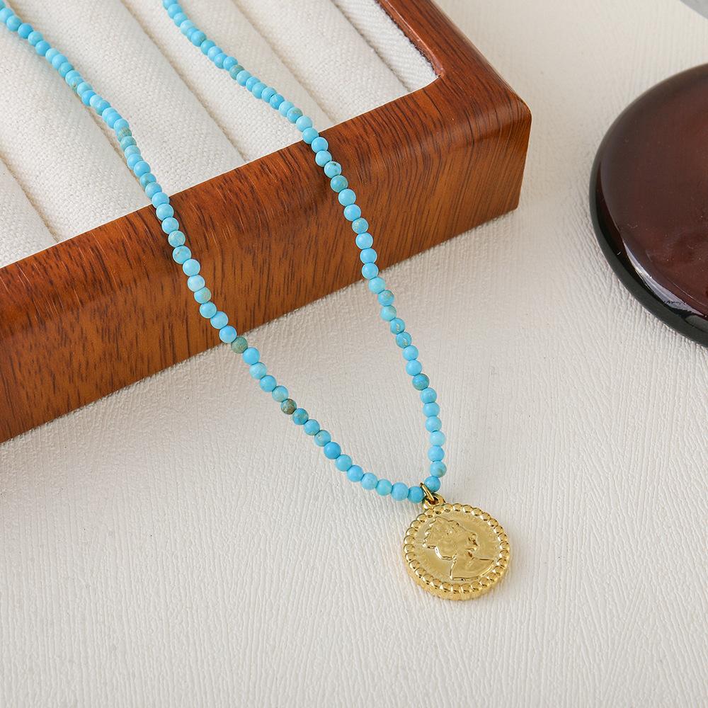 GEMCHIC Women s Turquoise Beaded Coin Pendant Necklace and Bracelet Set Gold Plated Copper Boho Jewelry