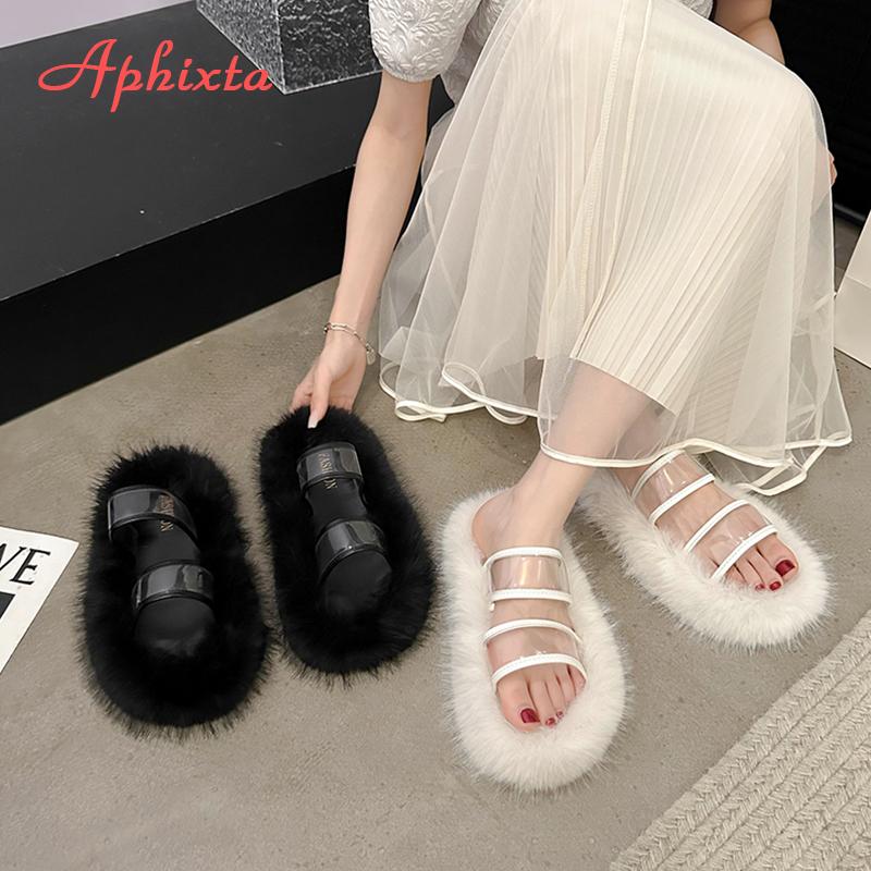 Aphixta Warm Winter Fur Plush Women Slippers Furry Transportant Straps Shoes Round Toe Flat Heel Hair Slides zapatos House Shoes