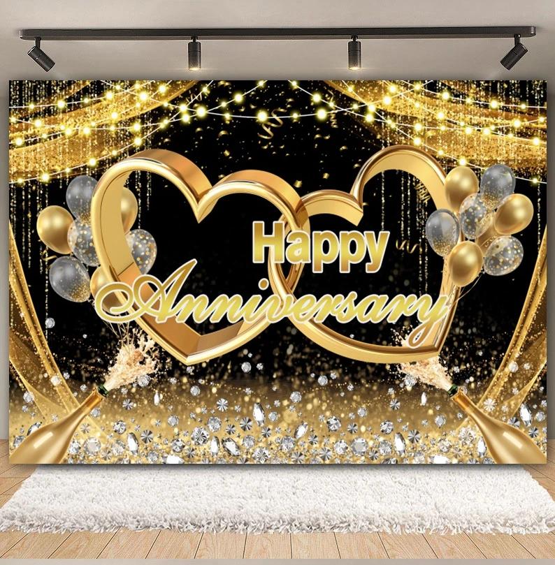 Happy Anniversary Backdrop Gold Balloon Glitter Love Heart Flower Birthday Party Bridal Shower Wedding Photography Background