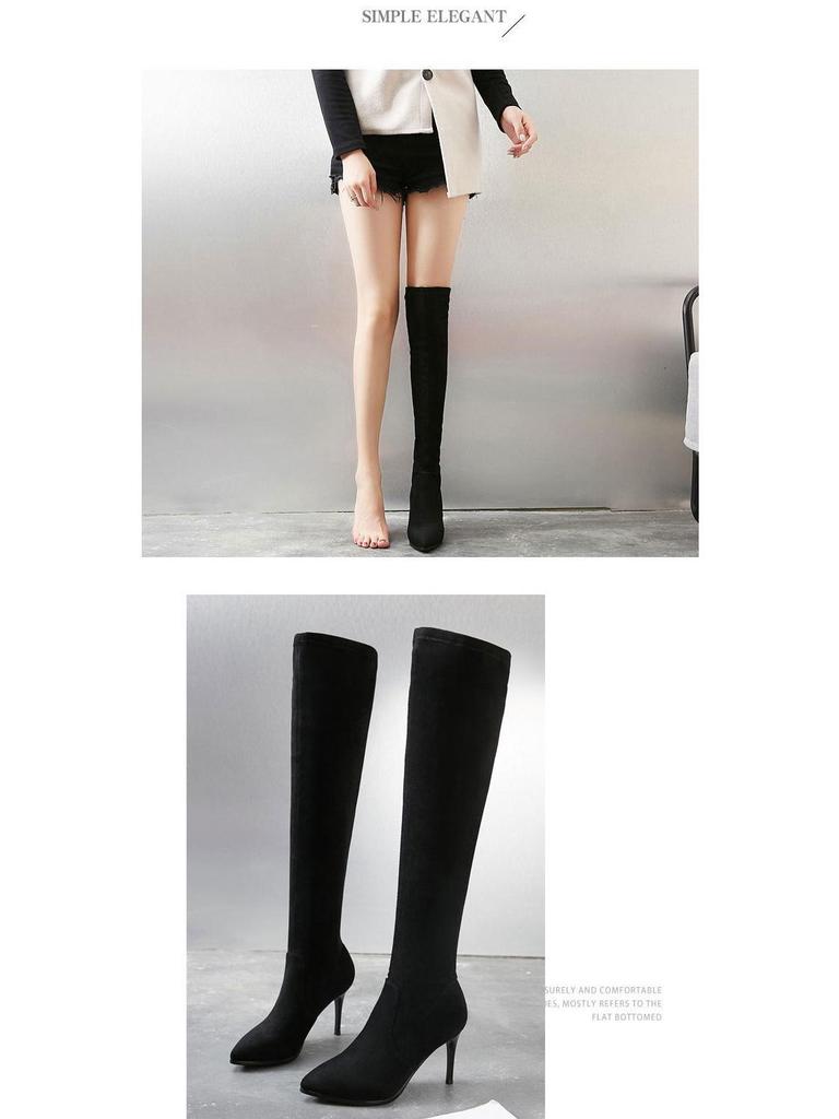 Women's Black Stiletto Over-the-Knee Boots with Velvet, 2025 Autumn/Winter Korean Style