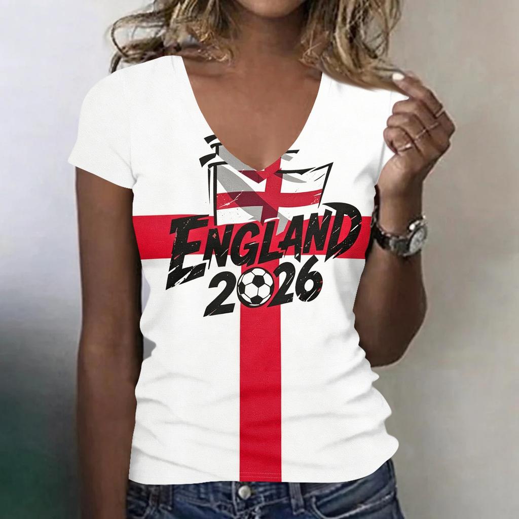 Women's V Neck Short Sleeve Lightweight T Shirt for Summer Casual Wear Football Themed Graphic Tee with National Flag Print Soft Fabric