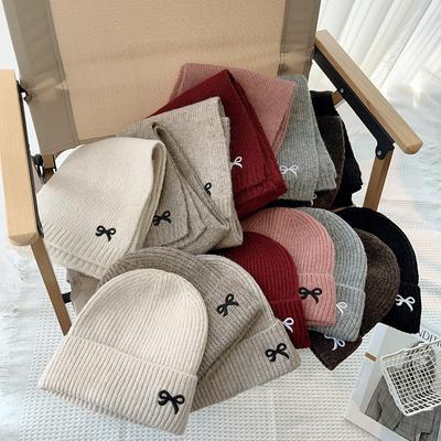 Kinder Strickmützen Schals Set Koreanisch Niedlich Schleife Bestickte Mütze Trendige Uni Mädchen Baby Mütze Winter Warm Kinder Accessoires