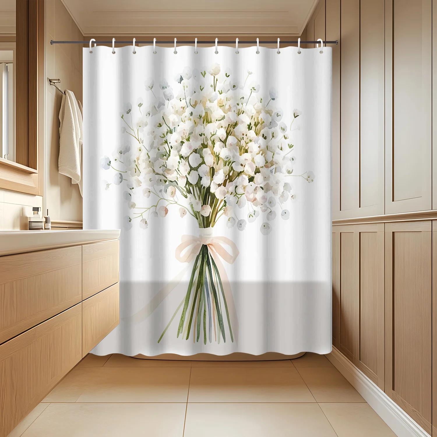 

Mother’S & Father’S Day Gypsophila Shower Curtain - White Flower Print, Includes 12 Hooks, Elegant Bathroom Decoration W60H190(CM)-1 Pcs