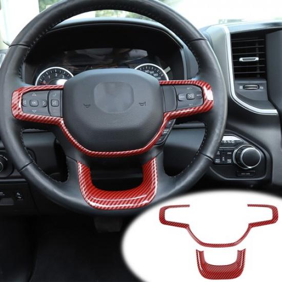Car Steering Wheel Cover Trim Decor Frame For Dodge Ram 1500 18+Red Carbon Fiber