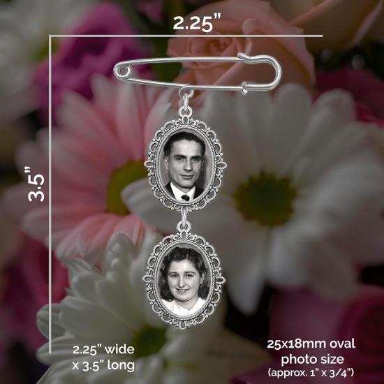 Wedding Bouquet Photo Charm Pin Cascading Double Oval Frame for Bride's Flowers or Boutonniere, Silver plate