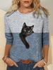 Color Block Printed Long Sleeved Casual Daily Basic Retro Round Neck 3D Cat Printed Women's T-shirts - Soft Medium Stretch Relaxed Fit Clothing