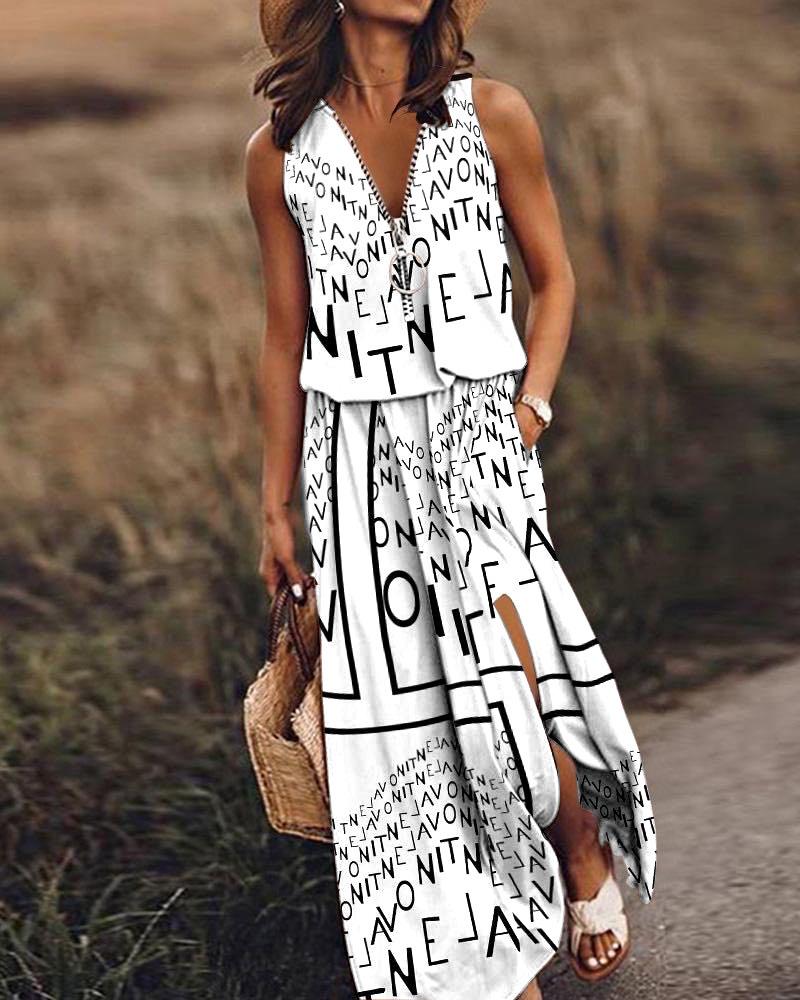 Europäisches & Amerikanisches Ärmelloses Taillenbetonendes Reißverschlusskleid für Damen - Langes Freizeitkleid mit Buchstabenprint für Frühling/Sommer S