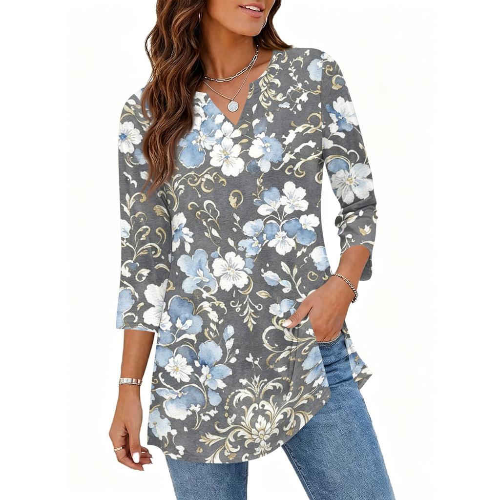 Womens Casual V Neck 3/4 Sleeve Pullover Tunic Top Floral Print Mid Length Blouse Lightweight Comfortable Fit
