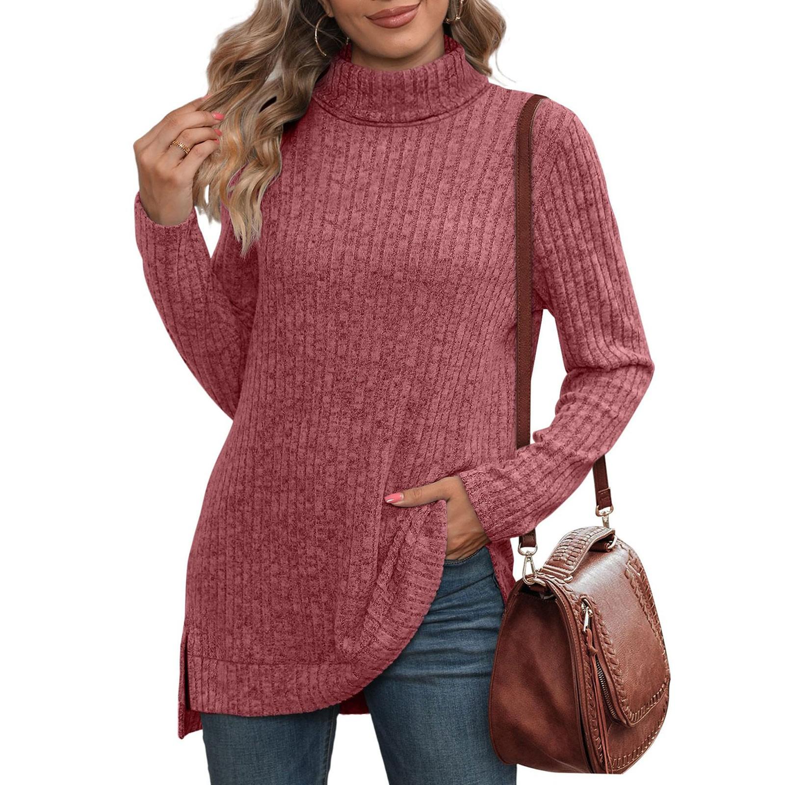 

Женская модная повседневная вязаная футболка с высоким воротом и разрезом по бокам, однотонный топ XL красный