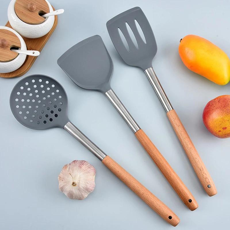 Silicone Kitchen Utensils Wooden Handle Non Stick Pot Kitchenware Cooking Set Heat-resistant Soup Spoon Pasta Colander Shovel