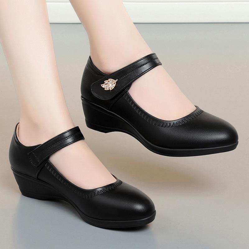 Casual Wedges Women Shoes Black Leather Shoes Fashon Work Office Ladies Shoes Female Pumps Luxury Buckle Strap Heel Shoes