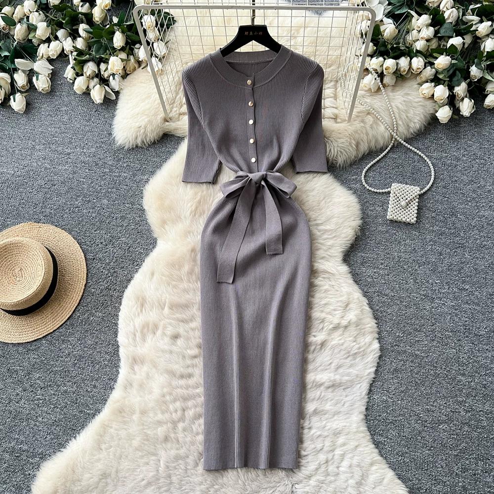 Solid O-neck Knitted Sweater Dress for Women Summer Autumn Short-Sleeve Single-Breasted Tie-Waist Slimming Elegant Bodycon Dress