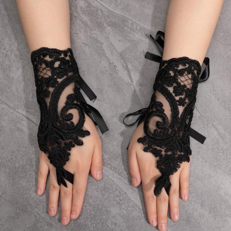 Fjäderbroderi Spets Handskar Dam Punk Justerbar Ring Cosplay Halloween Fest Kostym Dekoration