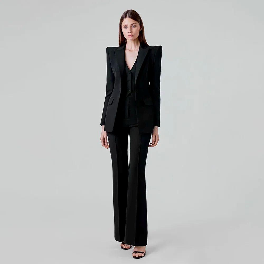 Chique Eenvoudige Dames Broek Sets 3 Delig Mode Revers Eén Knop Outfits Smart Casual Slank Kantoorpakken (Jas+Gilet+Broek)