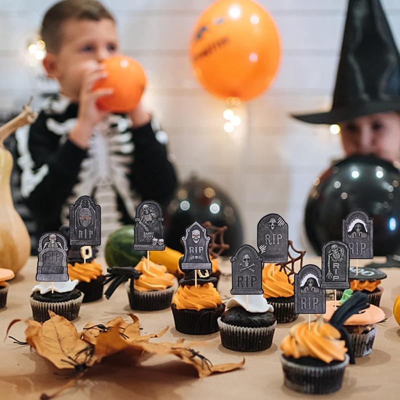 48/16Pcs Halloween Tombstone RIP Cupcake Topper Horror Skeleton Graveyard Gravestone Dessert Cake Toppers Halloween Party Decor