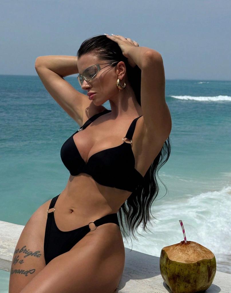 Women's Swimsuit Sexy Black Hard Back Wide Shoulder Straps Rear Tie High Waist Bikini Split Set Beachwear Bathing Suits