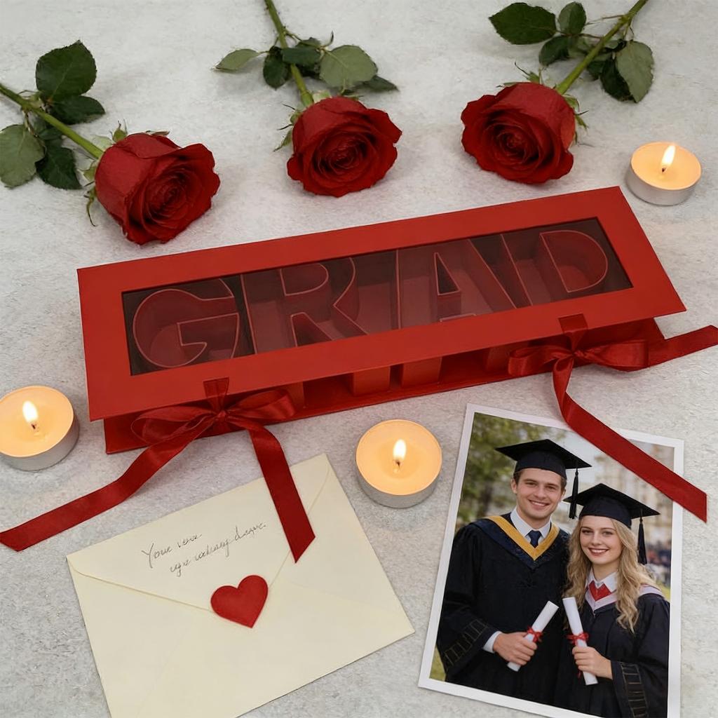 Rectangular Cardboard Gift Box with Transparent Lid and Ribbon Closure Graduation Theme Decorative Storage Box for Events