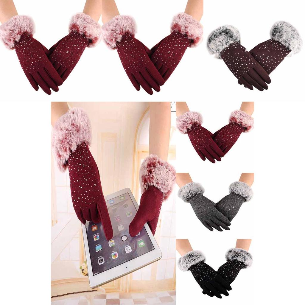 Luxurious Womens Fashion Winter Outdoor Sport Warm Fur Crystal Thick Finger Gloves Mittens