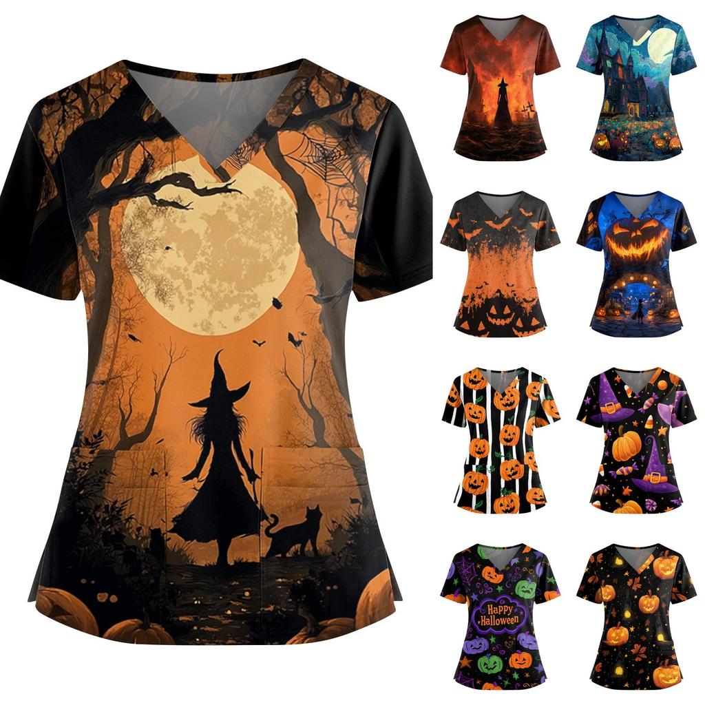 Women V Neck Short Sleeve Top with Dual Side Slits and Pockets Halloween Themed Printed Shirt for Professional Use
