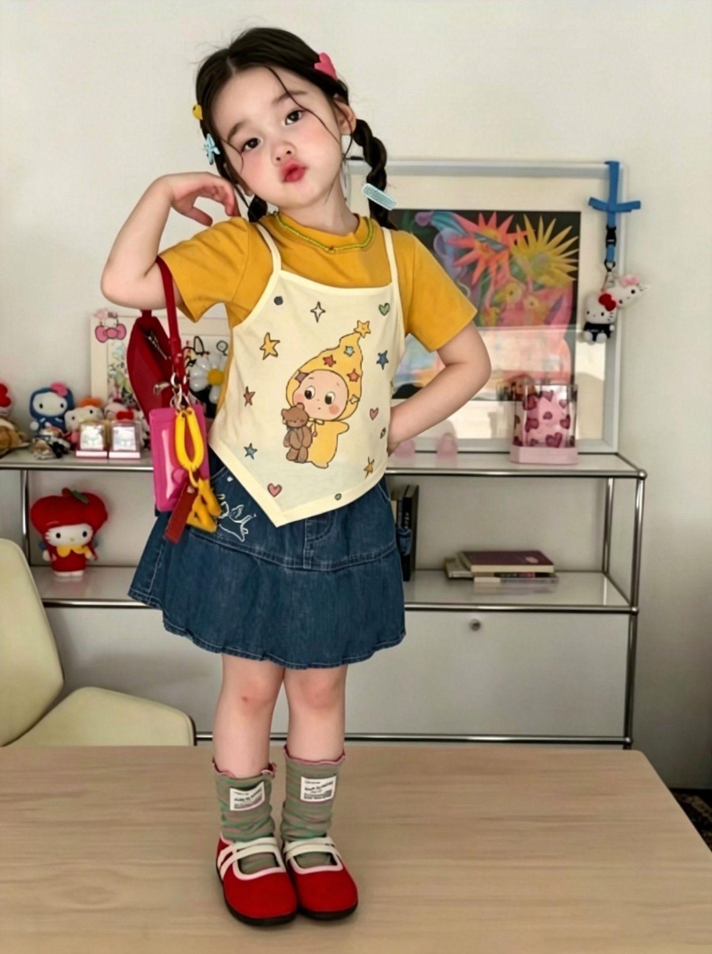 Girls Summer Short Sleeve Cotton Top Stylish Korean Tank Top 90