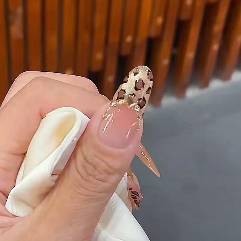 Sunset Gold Leopard Print Cat Eye Press-on Nails - Early Autumn Nude French Manicure